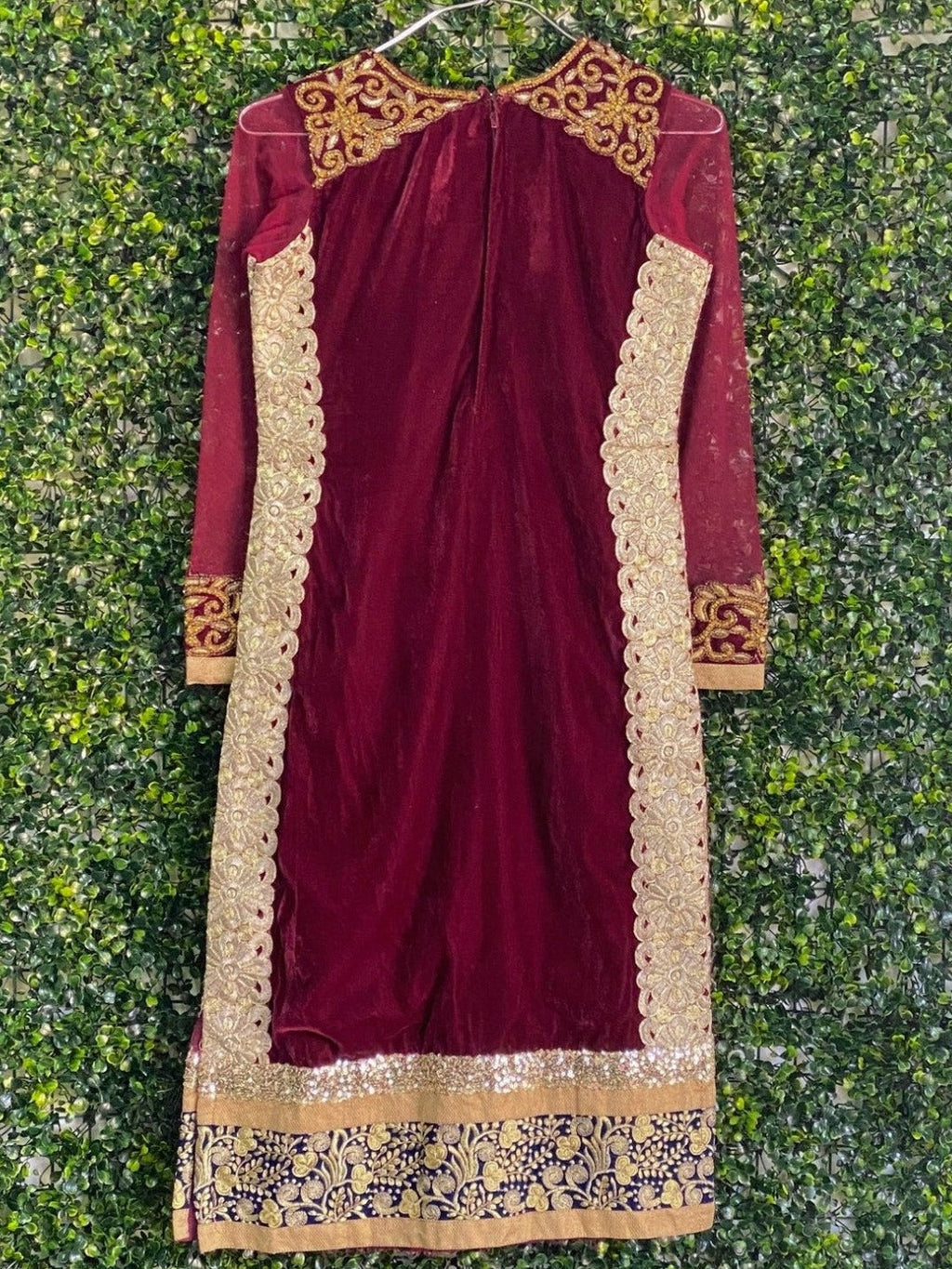 Burgundy Velvet Gold Embellished Tunic Dress — back