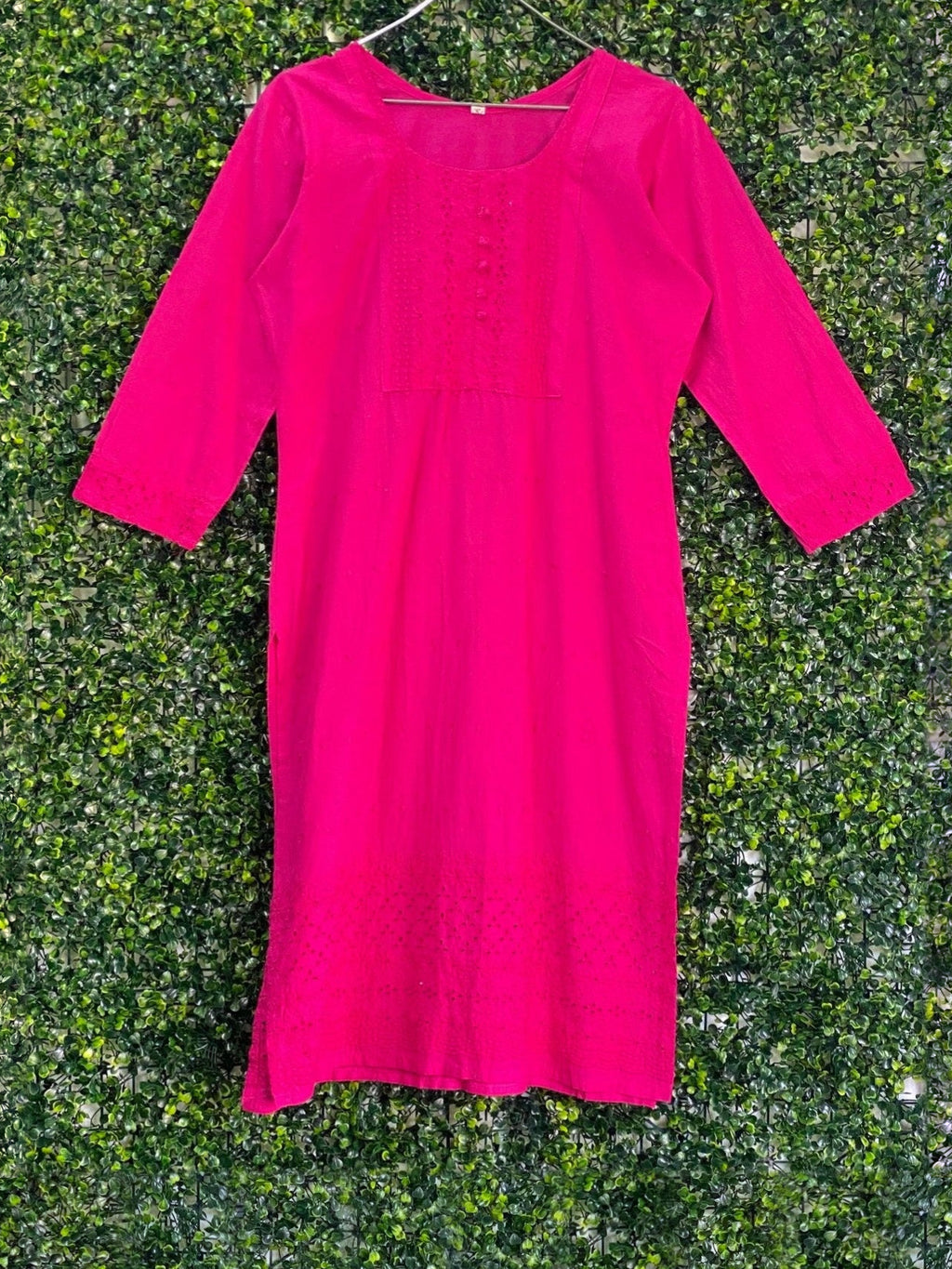 Hot Pink Eyelet Panel Midi Dress — front