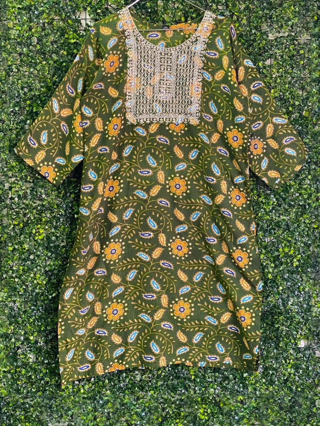 Olive Floral Embroidered Yoke Tunic Dress — front