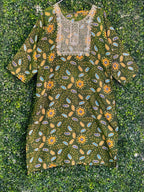 Olive Floral Embroidered Yoke Tunic Dress — front