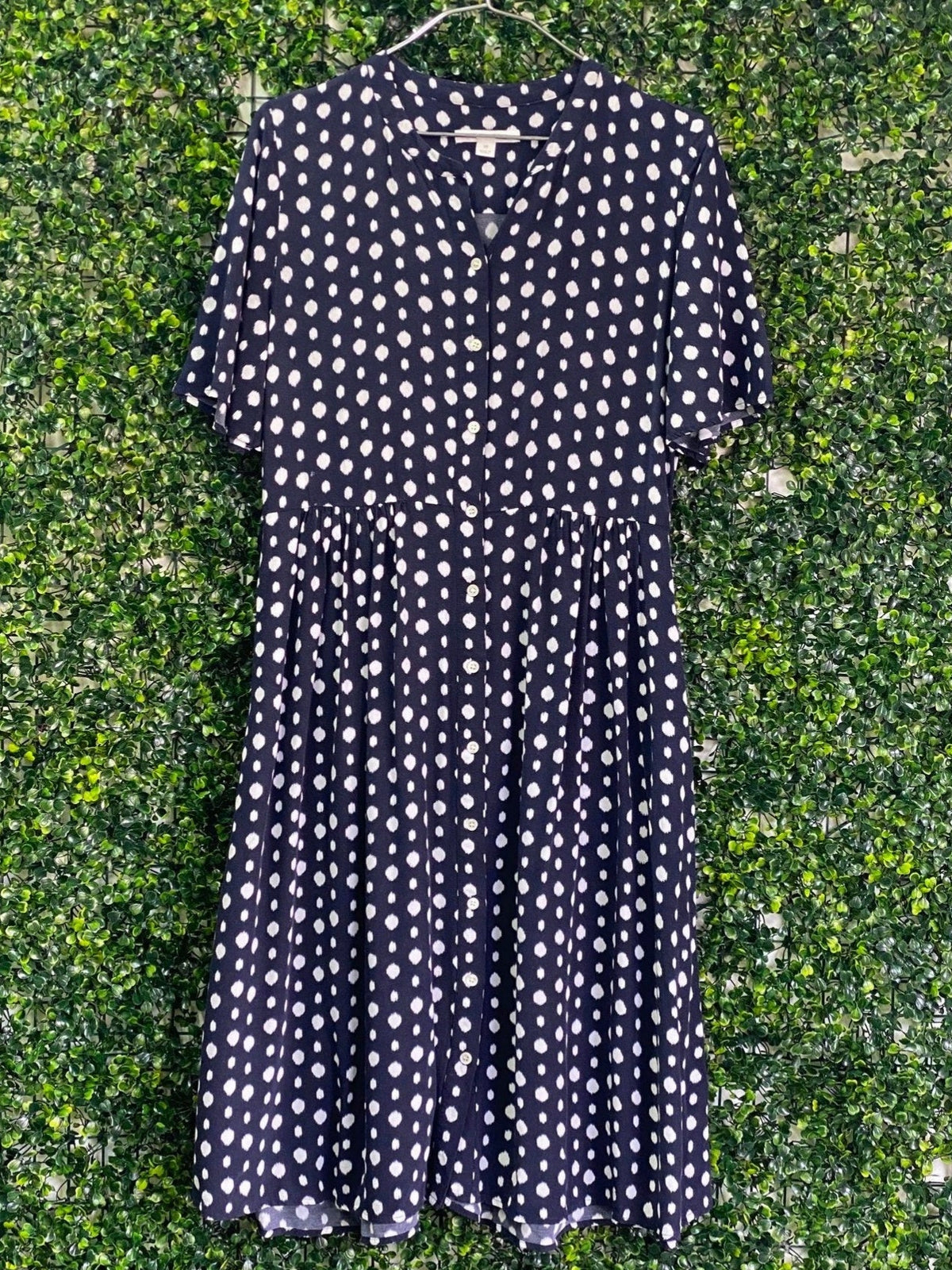 Trenery Navy Spot Button-Front Midi Dress — front