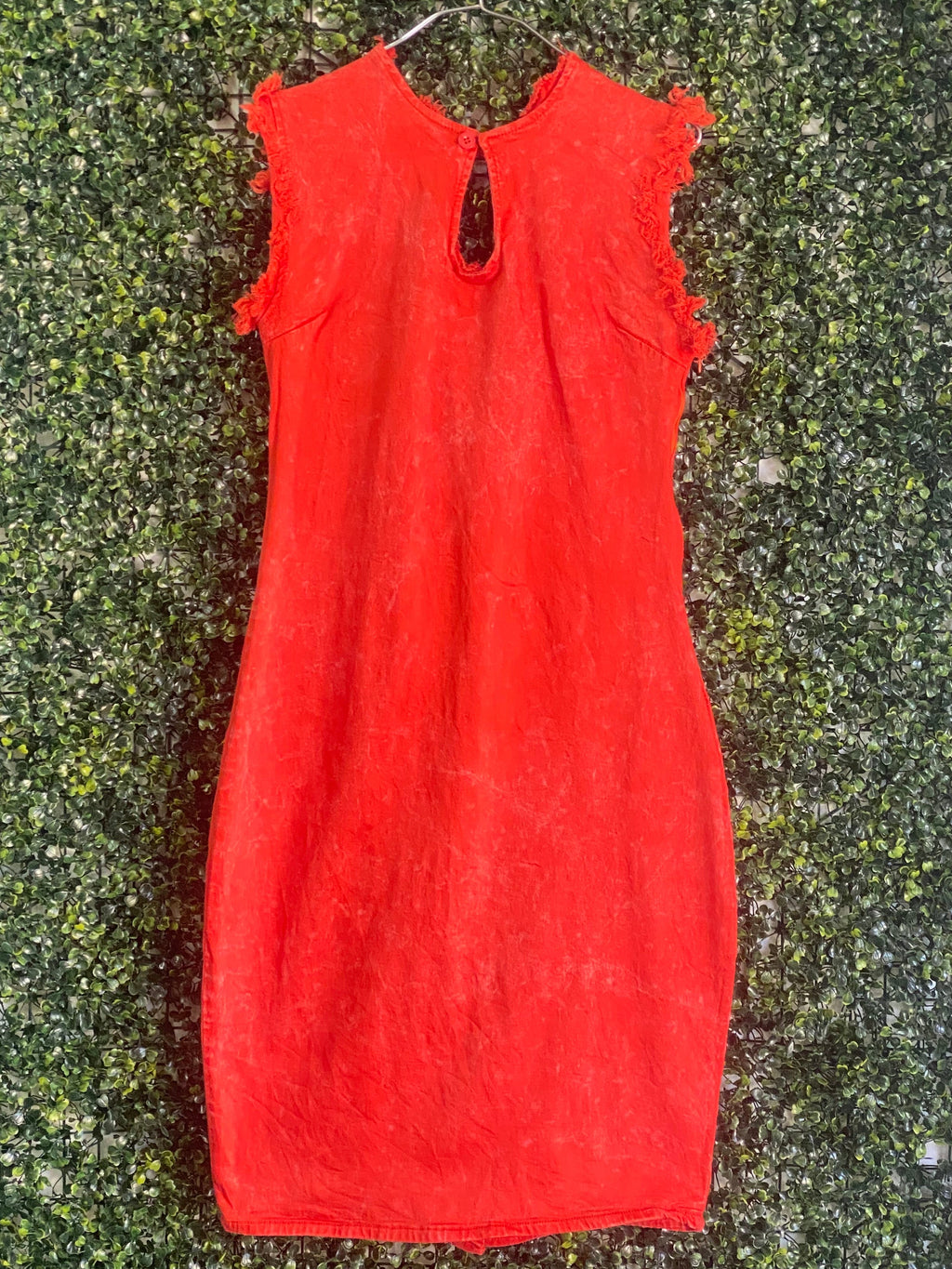 Rust Red Frayed-Trim Keyhole Midi Dress — front