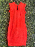 Rust Red Frayed-Trim Keyhole Midi Dress — front