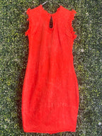 Rust Red Frayed-Trim Keyhole Midi Dress — front