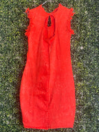 Rust Red Frayed-Trim Keyhole Midi Dress — back