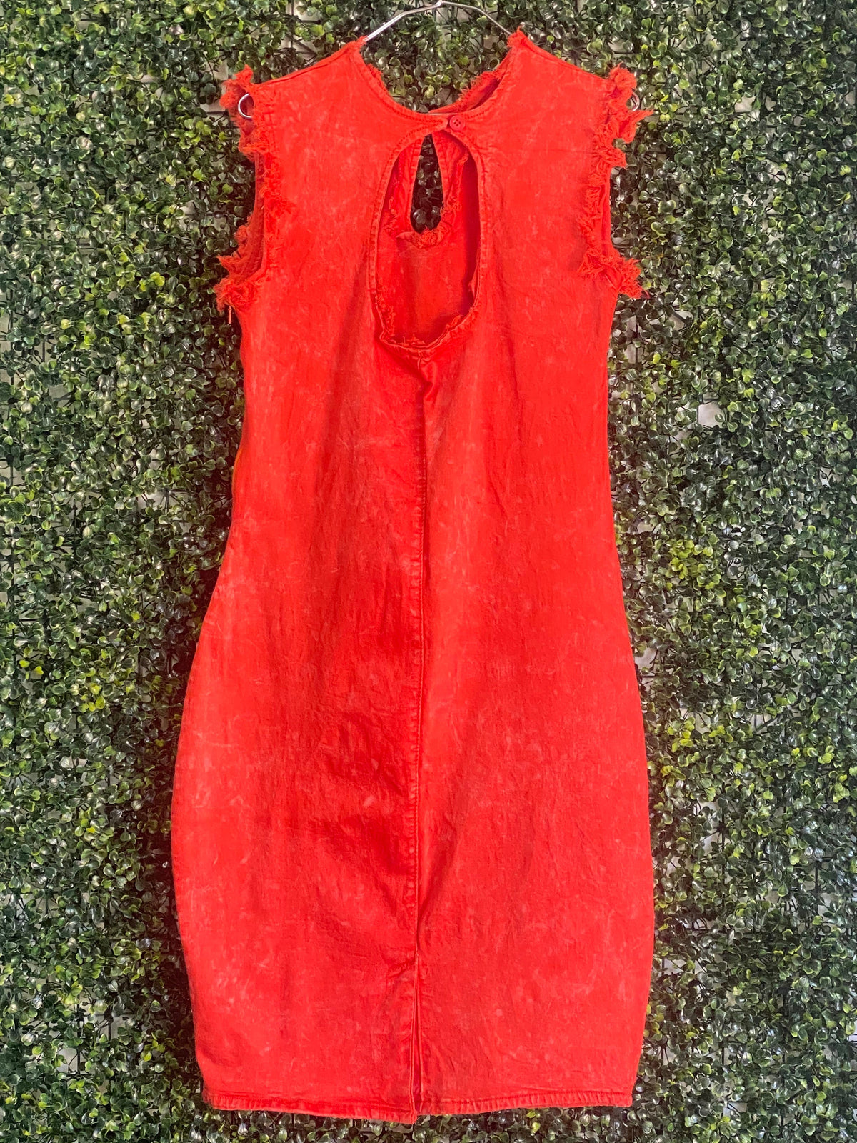 Rust Red Frayed-Trim Keyhole Midi Dress — back