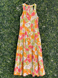 Retro Orange & Pink Floral Button-Front Maxi Dress — front