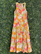 Retro Orange & Pink Floral Button-Front Maxi Dress — front