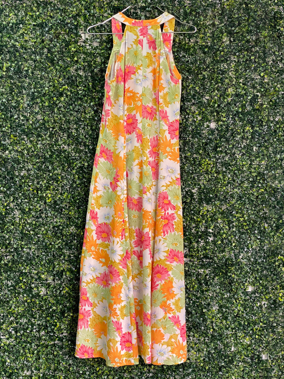Retro Orange & Pink Floral Button-Front Maxi Dress — back