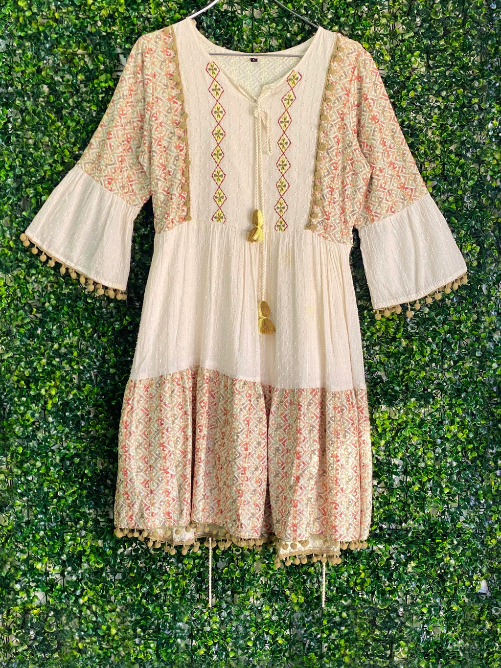 Cream Embroidered Bell-Sleeve Boho Dress — front