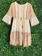 Cream Embroidered Bell-Sleeve Boho Dress — front