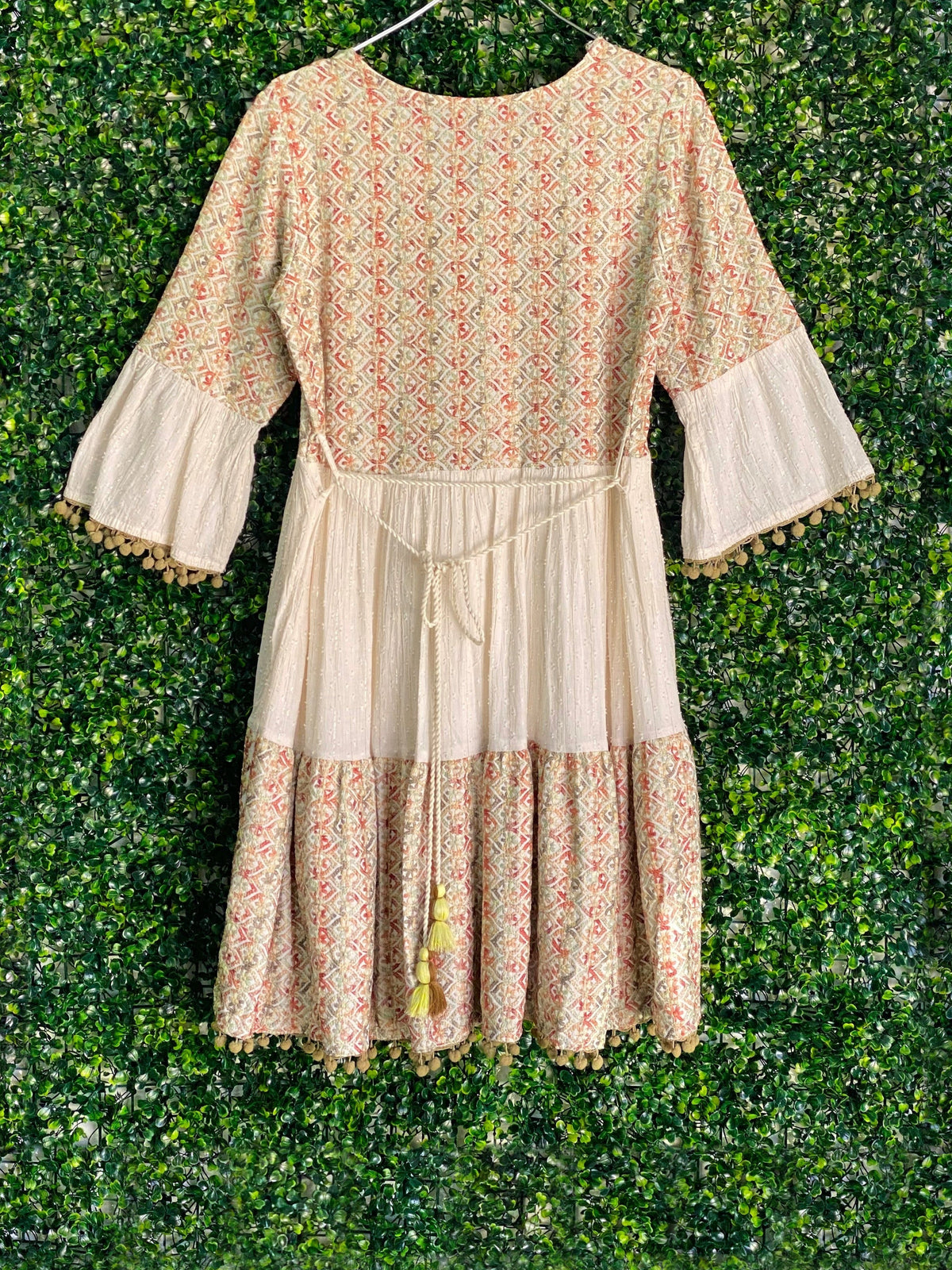 Cream Embroidered Bell-Sleeve Boho Dress — back