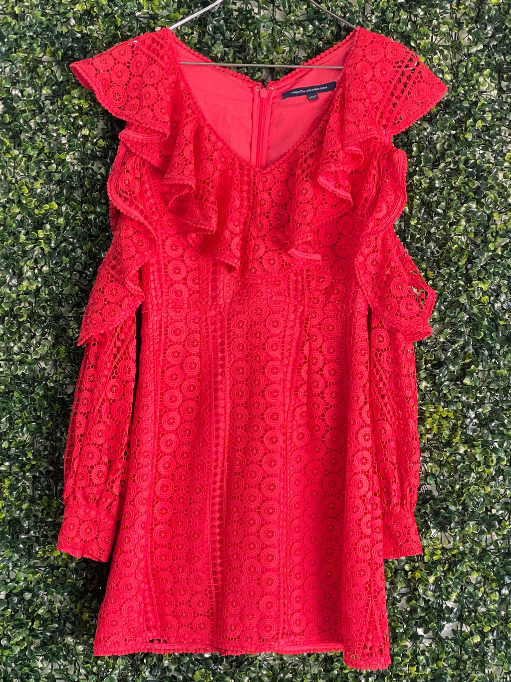 French Connection Red Lace Ruffle Mini Dress — front