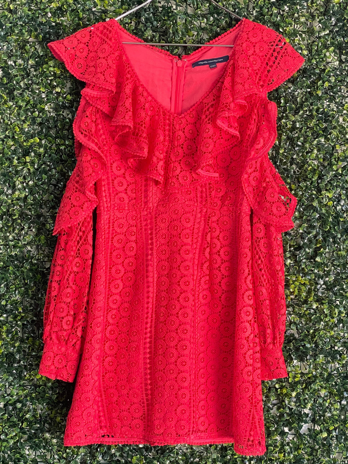 French Connection Red Lace Ruffle Mini Dress — front