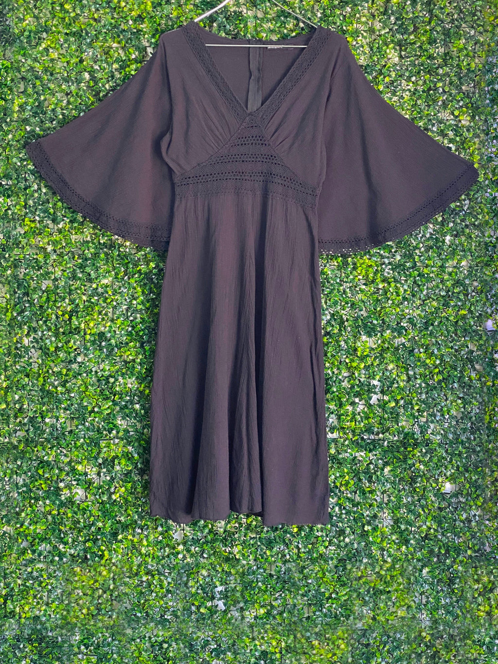 Atmosphere Charcoal Crochet-Trim Flutter Sleeve Dress — front
