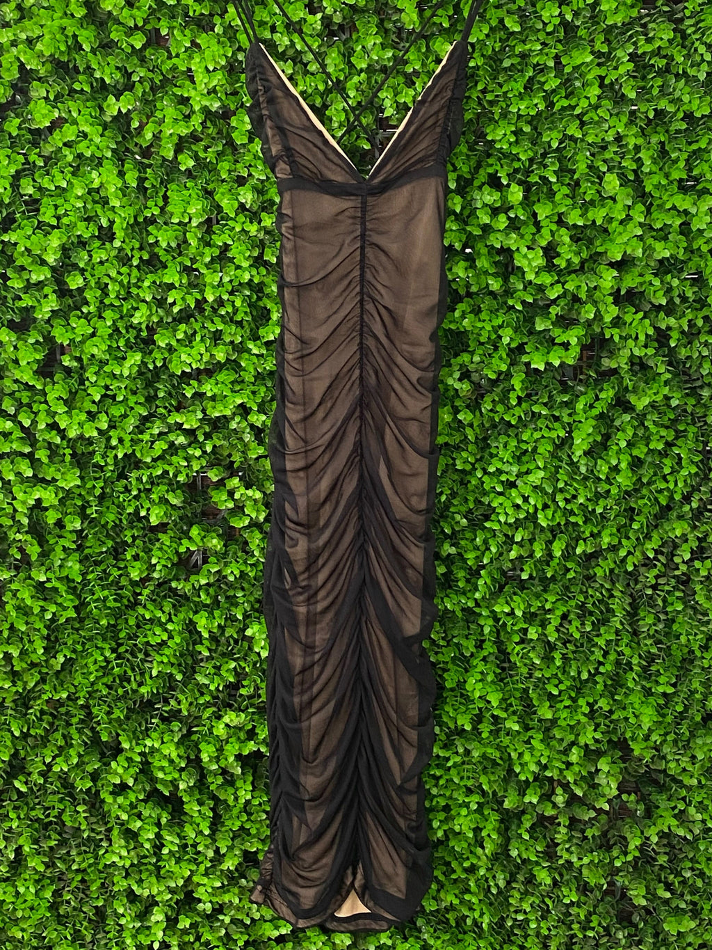 Black Ruched Mesh Bodycon Dress