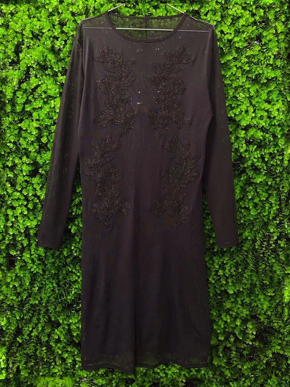 Black Tonal Embellished Long-Sleeve Dress