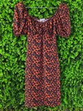 SassyChic Rust & Black Leopard Puff-Sleeve Midi Dress