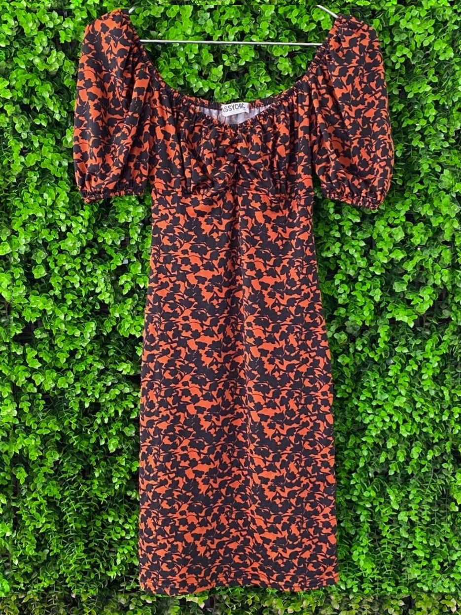 SassyChic Rust & Black Leopard Puff-Sleeve Midi Dress