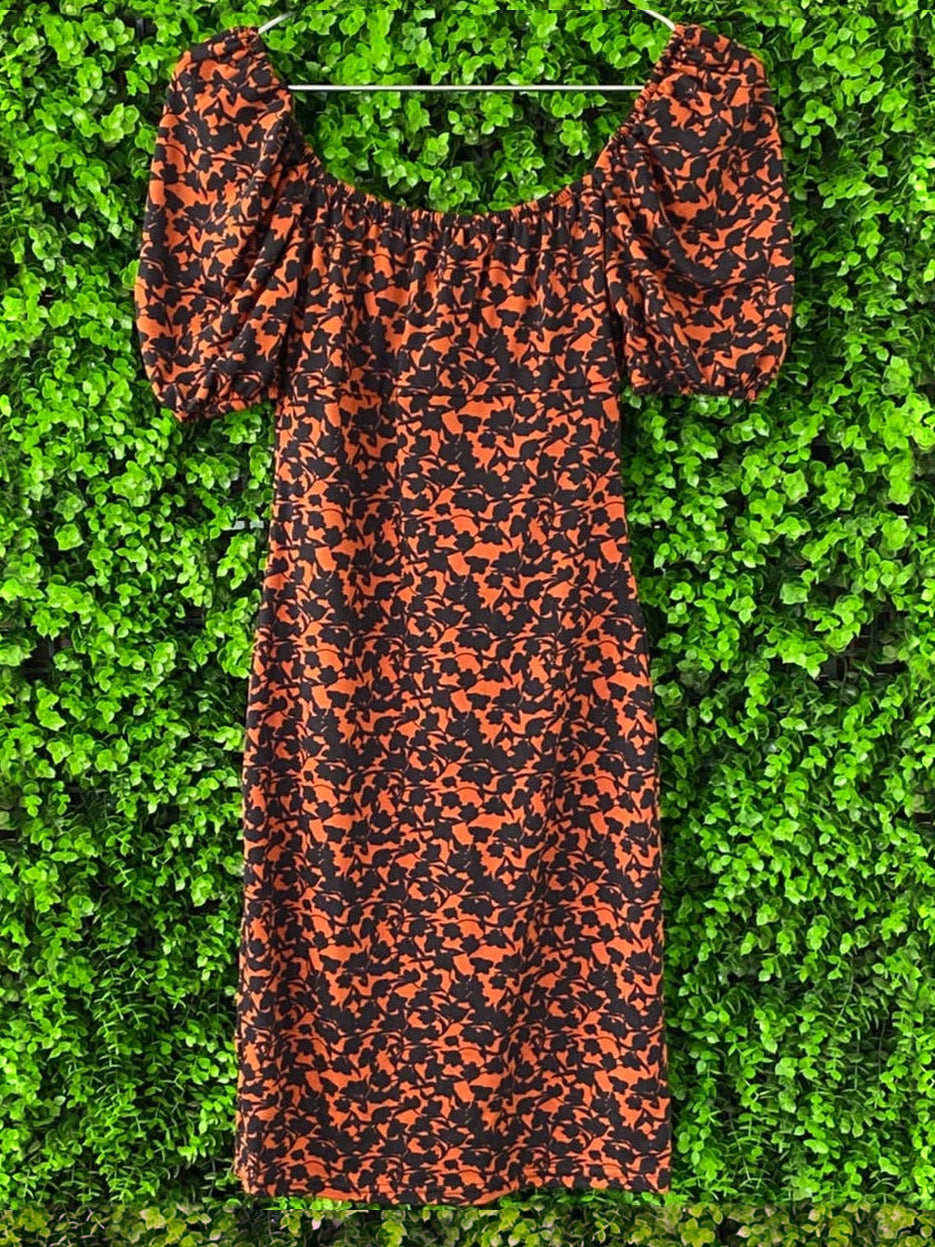 SassyChic Rust & Black Leopard Puff-Sleeve Midi Dress