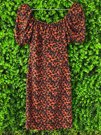 SassyChic Rust & Black Leopard Puff-Sleeve Midi Dress