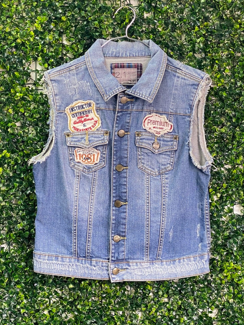 2.1 Denim Blue Patch Detail Sleeveless Jacket — front