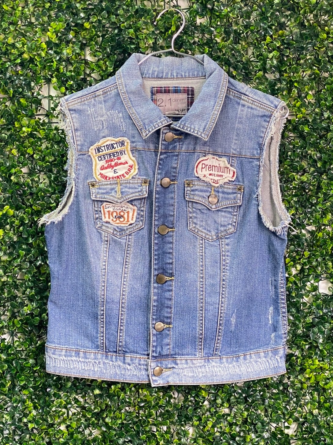 2.1 Denim Blue Patch Detail Sleeveless Jacket — front