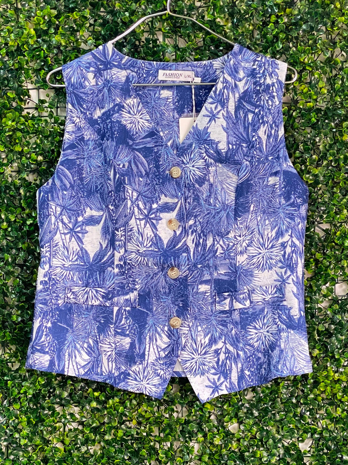 Fashion Blue Tropical Print Button-Front Waistcoat — front