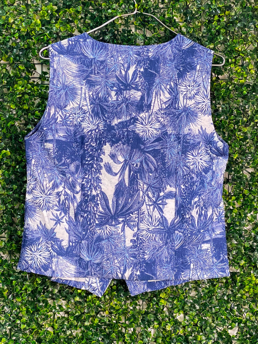 Fashion Blue Tropical Print Button-Front Waistcoat — back