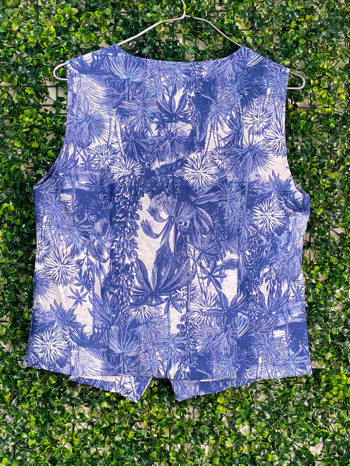Fashion Blue Tropical Print Button-Front Waistcoat — back