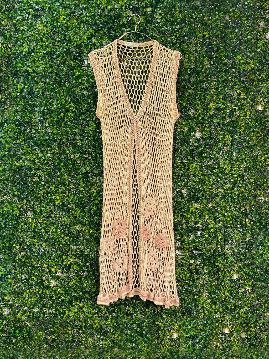 Ancient Spirit Beige Crochet Flower Longline Vest — front