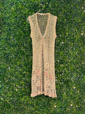Ancient Spirit Beige Crochet Flower Longline Vest — front