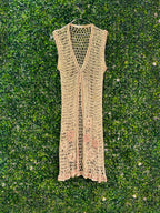 Ancient Spirit Beige Crochet Flower Longline Vest — front
