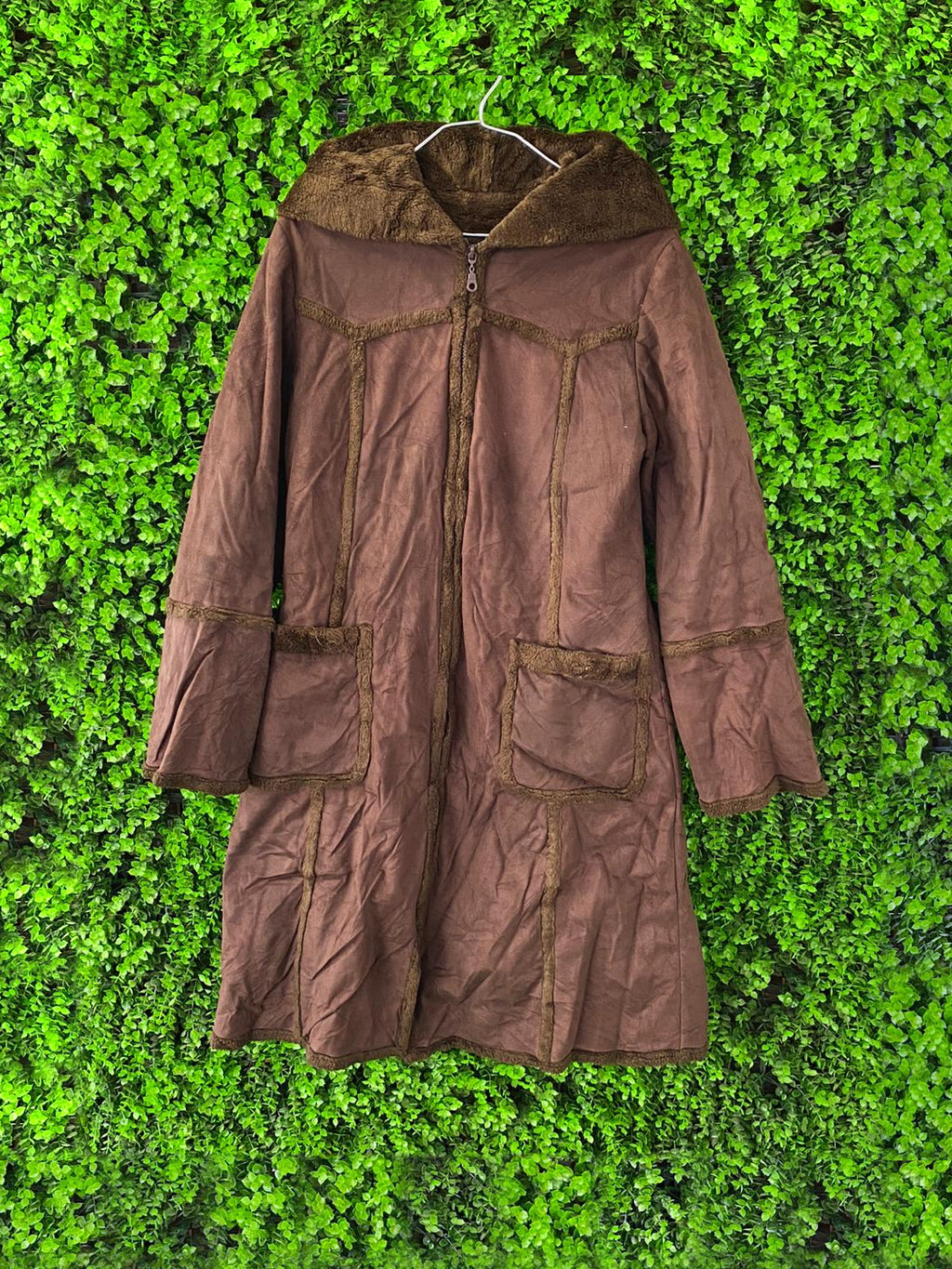 Brown Hooded Faux Suede & Faux Fur Trim Coat