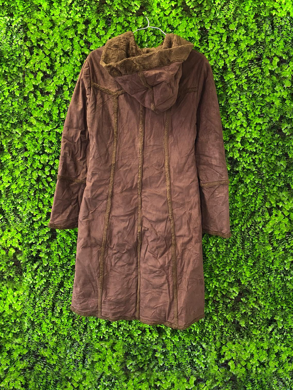 Brown Hooded Faux Suede & Faux Fur Trim Coat