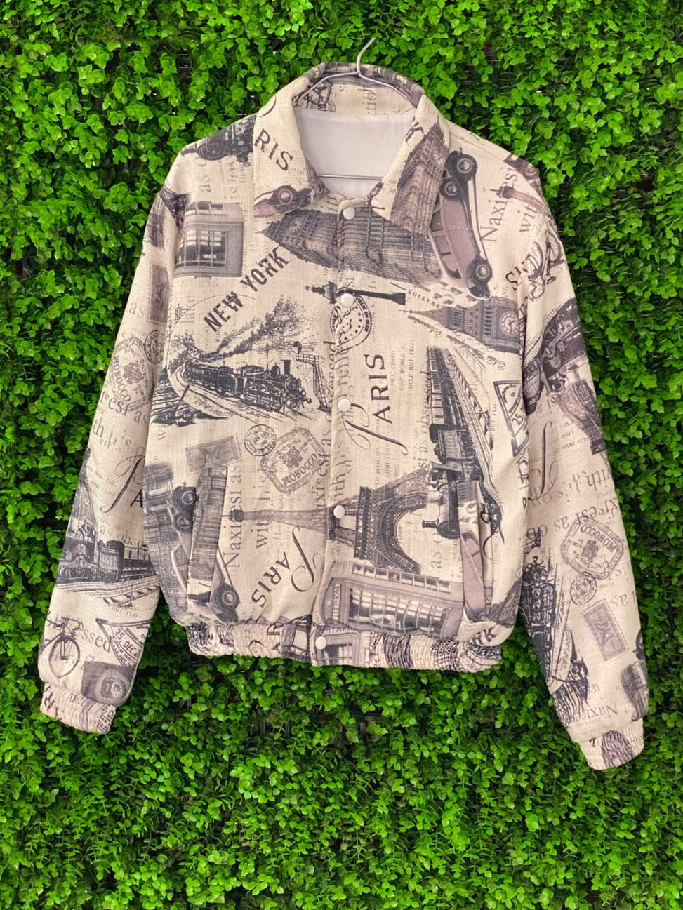 Beige Newspaper-Print Cropped Jacket
