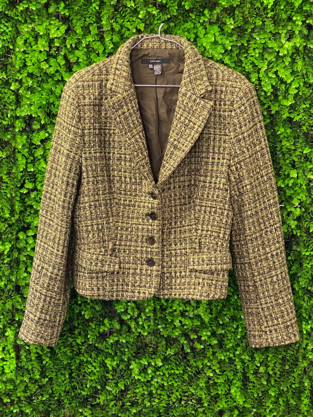 Zara Basic Olive Tweed Tailored Blazer