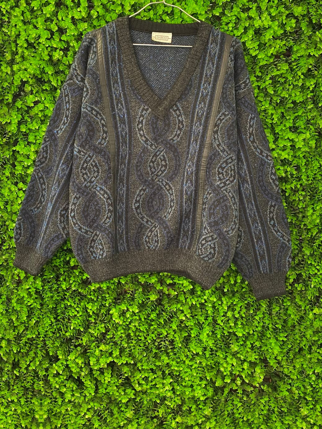 Charcoal Blue Wool-Blend Open-Knit V-Neck Sweater