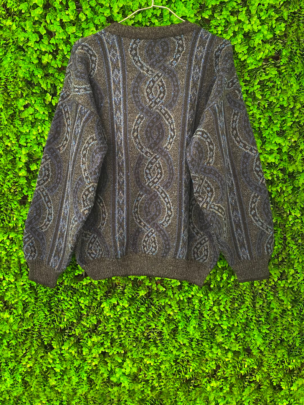Charcoal Blue Wool-Blend Open-Knit V-Neck Sweater