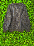Charcoal Blue Wool-Blend Open-Knit V-Neck Sweater