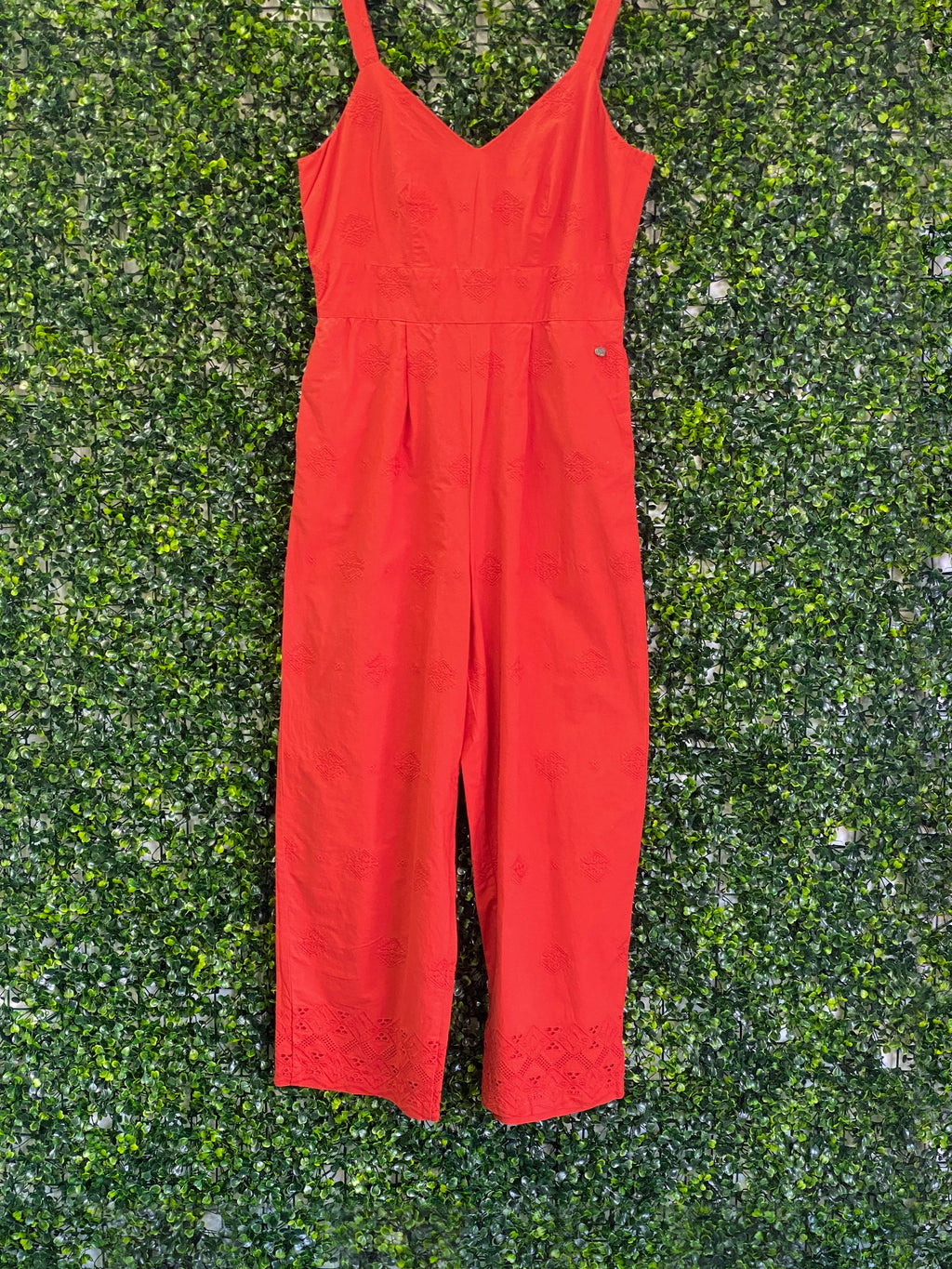 Old Khaki Coral Embroidered Cotton Jumpsuit — front