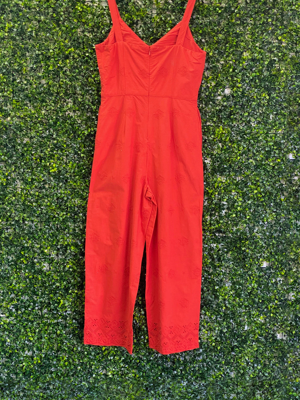 Old Khaki Coral Embroidered Cotton Jumpsuit — back