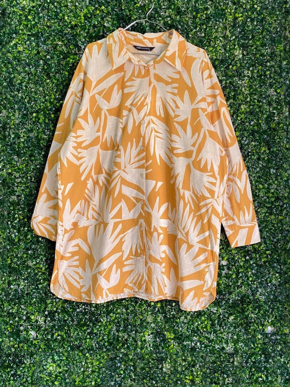 LCW Modest Mustard Leaf Print Shirt Dress — front