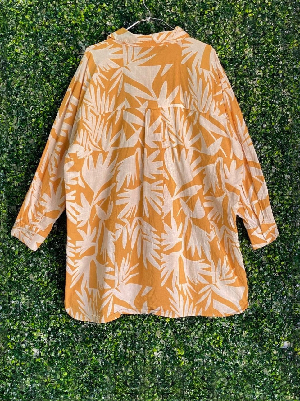 LCW Modest Mustard Leaf Print Shirt Dress — back