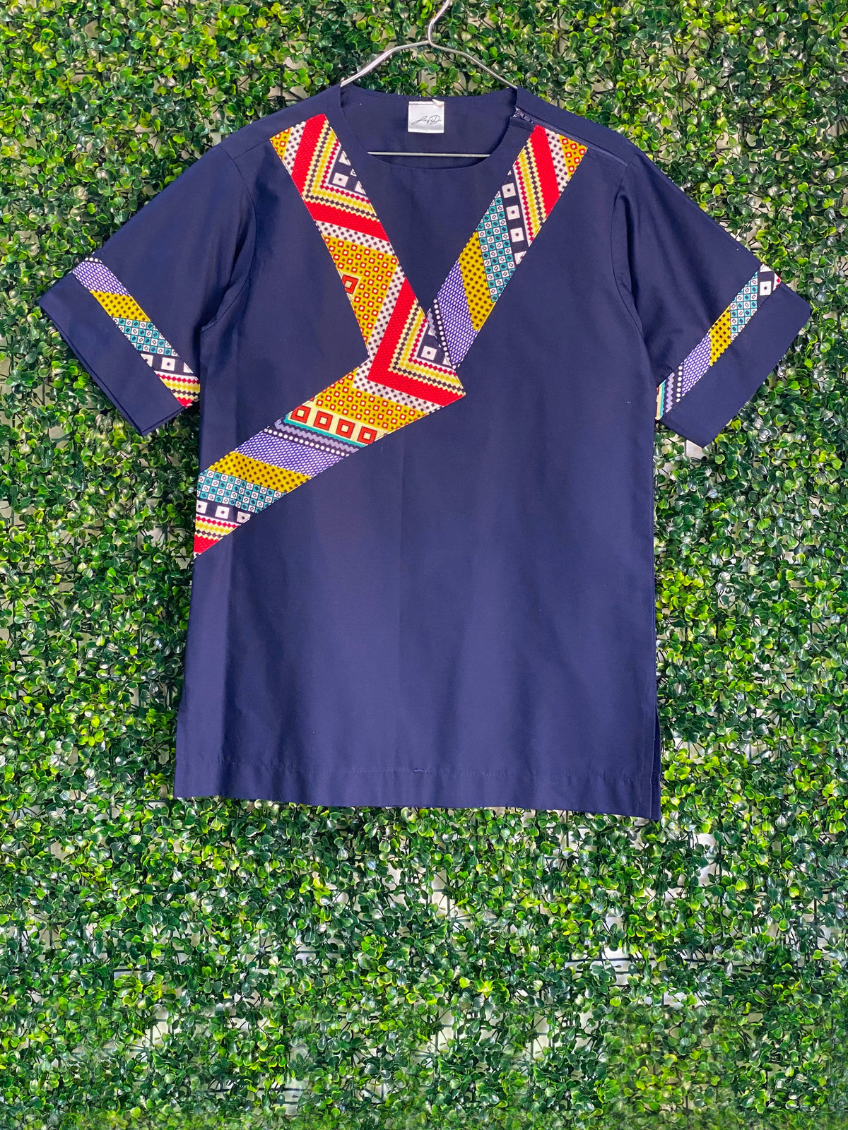 Navy Geometric Print V-Neck Tunic Top — front