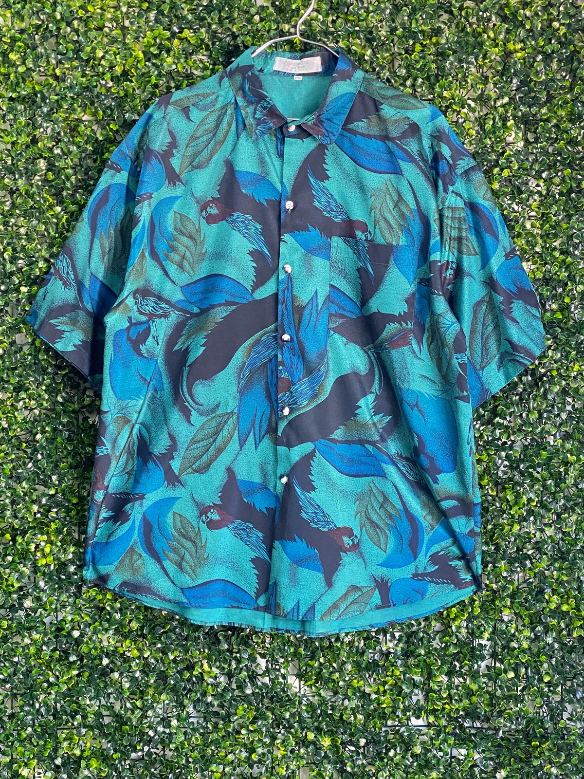 Champagne Thai Silk Teal Bird Print Shirt — front