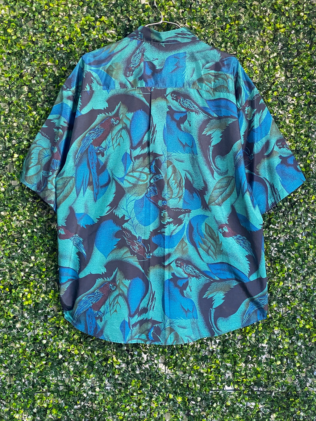 Champagne Thai Silk Teal Bird Print Shirt — back