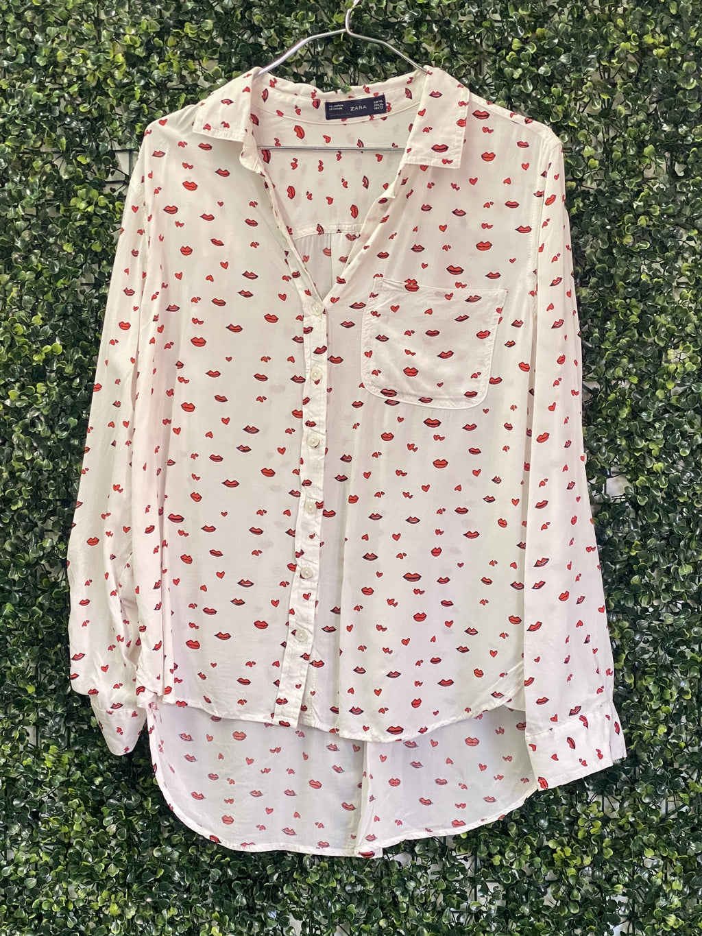 Zara White Lip Print Button-Up Blouse — front