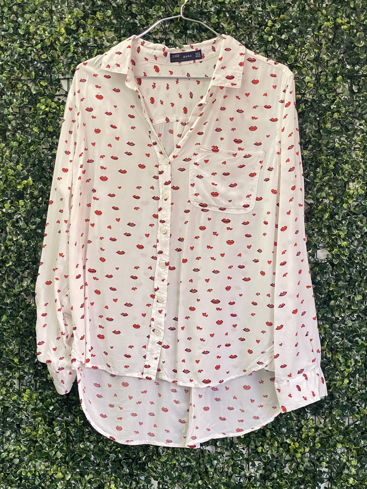 Zara White Lip Print Button-Up Blouse — front