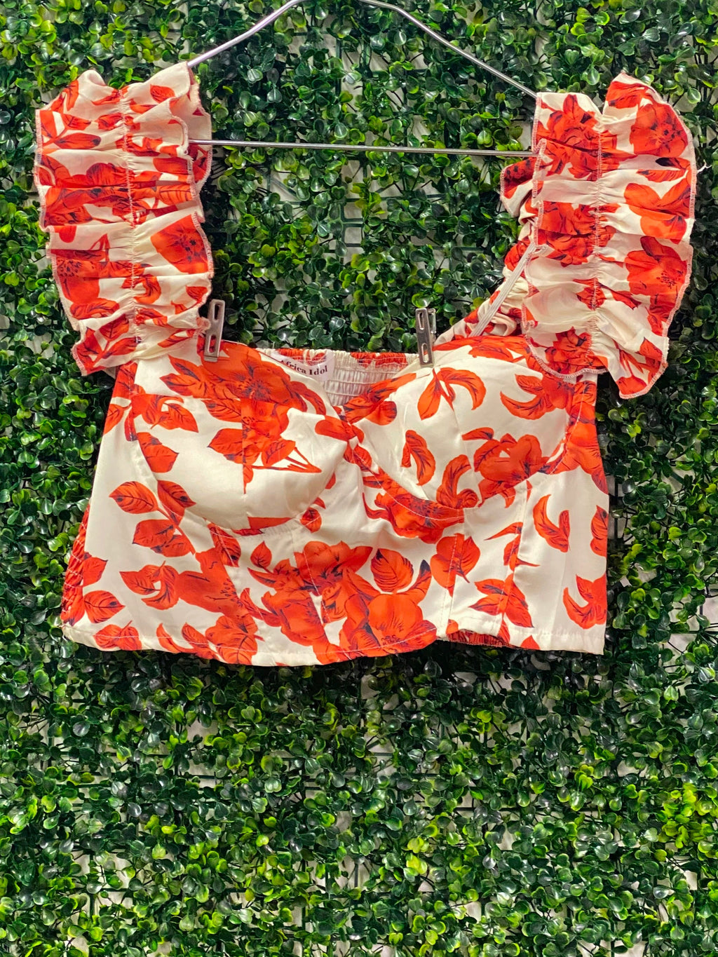 Africa Idol Orange Floral Ruched Crop Top — front